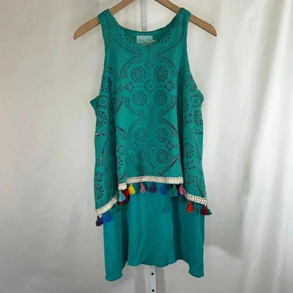 Judith March Size Large Tassel Dress Knee Length Lace Teal Sleeveless Party Boho - Picture 1 of 12